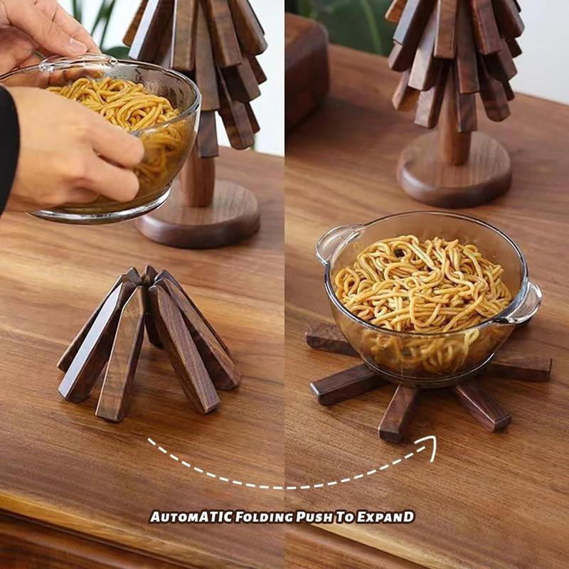 PNOYK Wooden Trivets Set – Black Walnut Christmas Tree Shaped Coasters, Heat-Resistant Foldable Pot Holders & Insulated Pads, Non-Slip Coasters for Kitchen & Dining, Decorative Gift