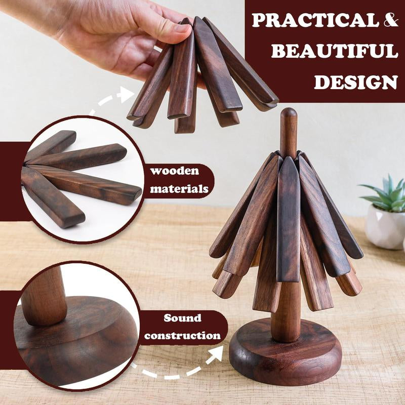 PNOYK Wooden Trivets Set – Black Walnut Christmas Tree Shaped Coasters, Heat-Resistant Foldable Pot Holders & Insulated Pads, Non-Slip Coasters for Kitchen & Dining, Decorative Gift