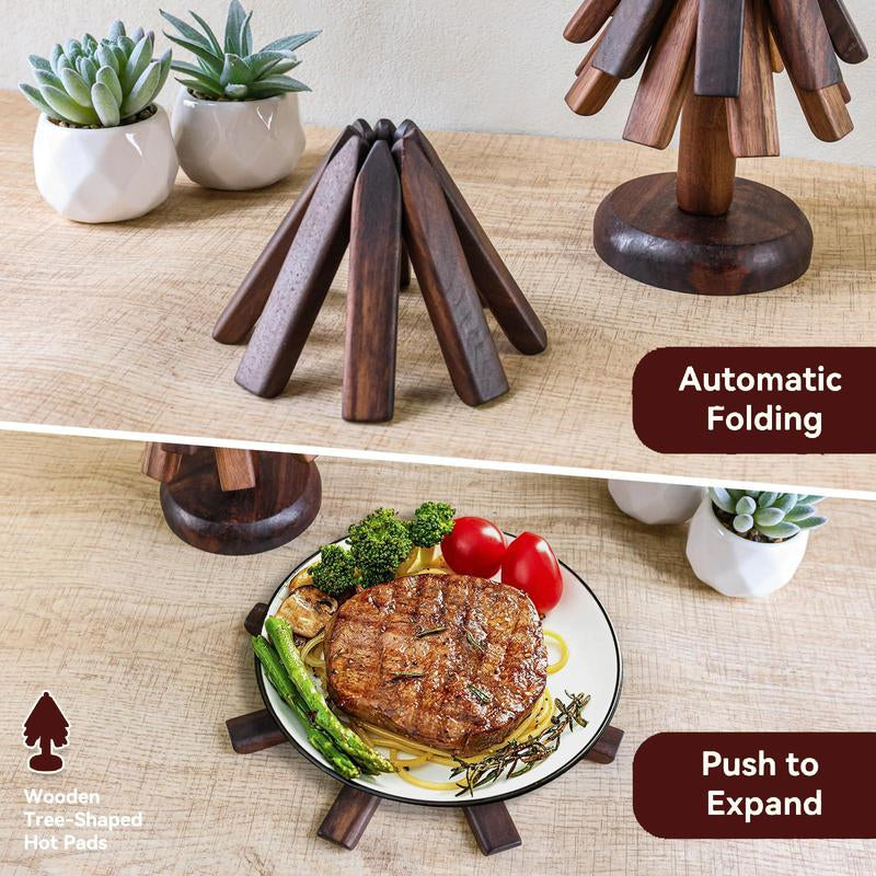 PNOYK Wooden Trivets Set – Black Walnut Christmas Tree Shaped Coasters, Heat-Resistant Foldable Pot Holders & Insulated Pads, Non-Slip Coasters for Kitchen & Dining, Decorative Gift