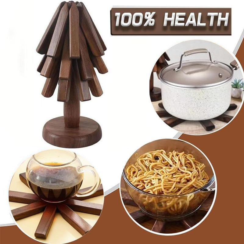 PNOYK Wooden Trivets Set – Black Walnut Christmas Tree Shaped Coasters, Heat-Resistant Foldable Pot Holders & Insulated Pads, Non-Slip Coasters for Kitchen & Dining, Decorative Gift