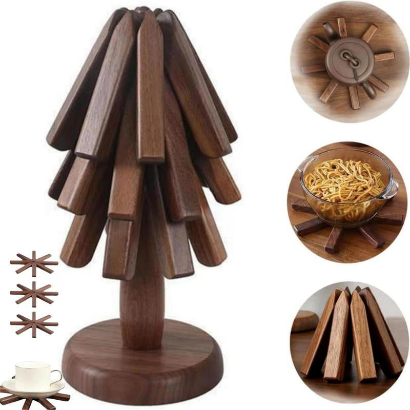 PNOYK Wooden Trivets Set – Black Walnut Christmas Tree Shaped Coasters, Heat-Resistant Foldable Pot Holders & Insulated Pads, Non-Slip Coasters for Kitchen & Dining, Decorative Gift