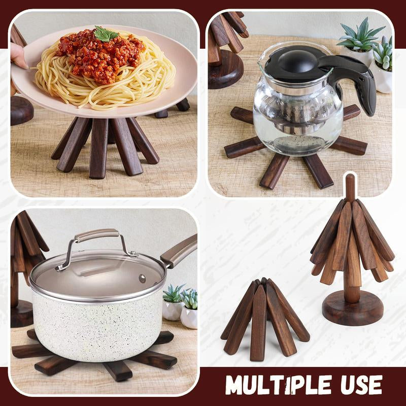 PNOYK Wooden Trivets Set – Black Walnut Christmas Tree Shaped Coasters, Heat-Resistant Foldable Pot Holders & Insulated Pads, Non-Slip Coasters for Kitchen & Dining, Decorative Gift