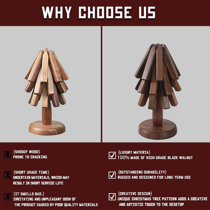 PNOYK Wooden Trivets Set – Black Walnut Christmas Tree Shaped Coasters, Heat-Resistant Foldable Pot Holders & Insulated Pads, Non-Slip Coasters for Kitchen & Dining, Decorative Gift