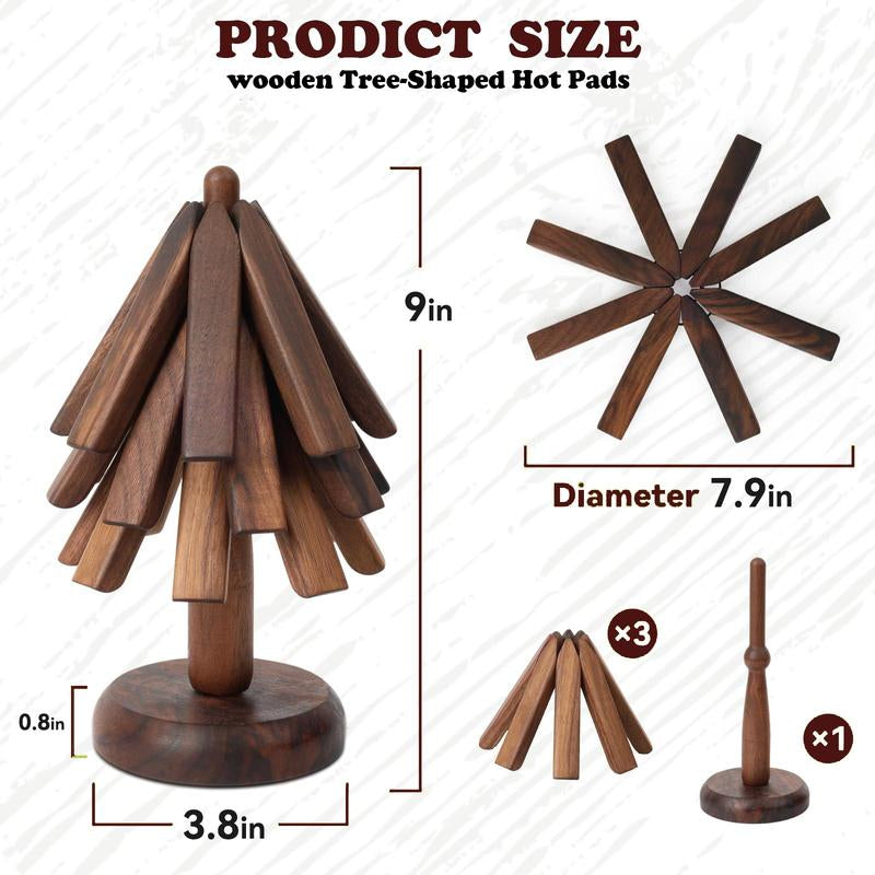 PNOYK Wooden Trivets Set – Black Walnut Christmas Tree Shaped Coasters, Heat-Resistant Foldable Pot Holders & Insulated Pads, Non-Slip Coasters for Kitchen & Dining, Decorative Gift
