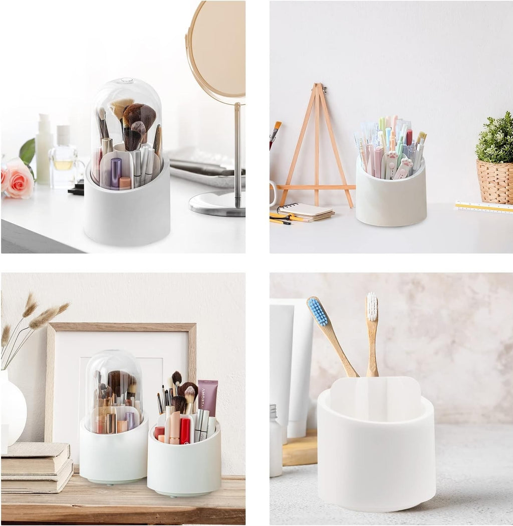 360° Rotating Makeup Brush Organizer | Elegant Makeup Brush Holder with Clear Dome Cover – Dustproof Cosmetic Organizer