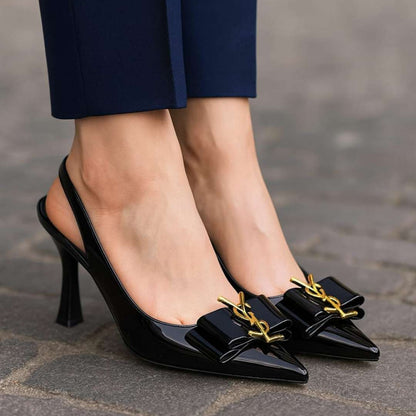 Elegant Black Kitten Heel Shoes For Women – 2.5 Inch Heels With Gold Buckle And Elastic Band Closure For Stylish Comfort And Perfect Fit (9)