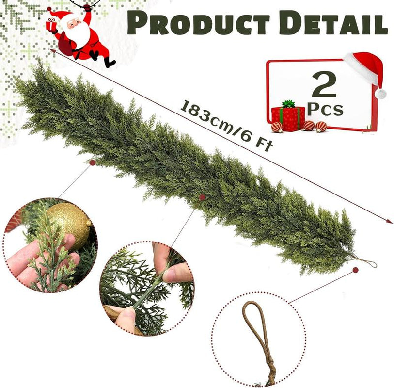 6 FT 2 Pcs Artificial Cedar Garlands (Full & Lush) with DIY Kit – Real Touch Winter Cedar Greenery, Premium Artificial Pine Garland for Table, Mantel, Wall, Indoor & Outdoor Christmas Decorations ,Ornaments Doorway (2, 6 FT)