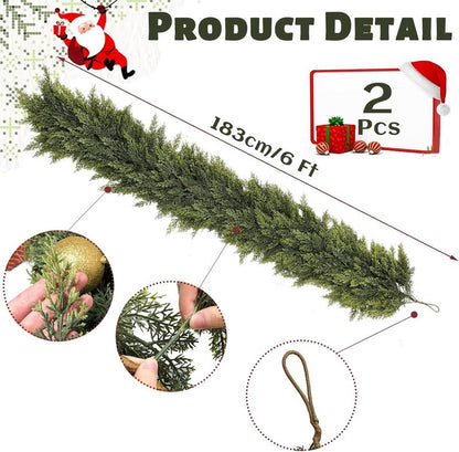 6 FT 2 Pcs Artificial Cedar Garlands (Full & Lush) with DIY Kit – Real Touch Winter Cedar Greenery, Premium Artificial Pine Garland for Table, Mantel, Wall, Indoor & Outdoor Christmas Decorations ,Ornaments Doorway (2, 6 FT)