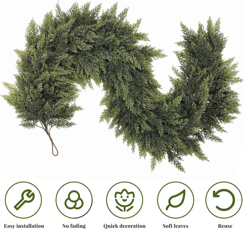 6 FT 2 Pcs Artificial Cedar Garlands (Full & Lush) with DIY Kit – Real Touch Winter Cedar Greenery, Premium Artificial Pine Garland for Table, Mantel, Wall, Indoor & Outdoor Christmas Decorations ,Ornaments Doorway (2, 6 FT)