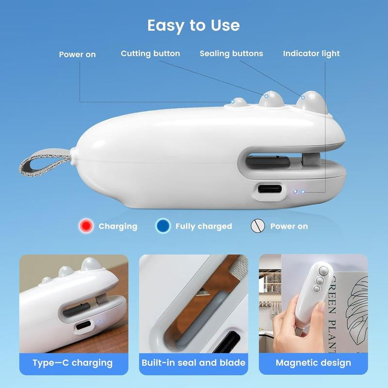 Mini Handheld Bag Sealer, 2-In-1 Hot USB Rechargeable Snack Bag Sealer with Magnetic Hidden Blade Attached, Kitchen Outdoor Essentials, Prevent Food Spoilage