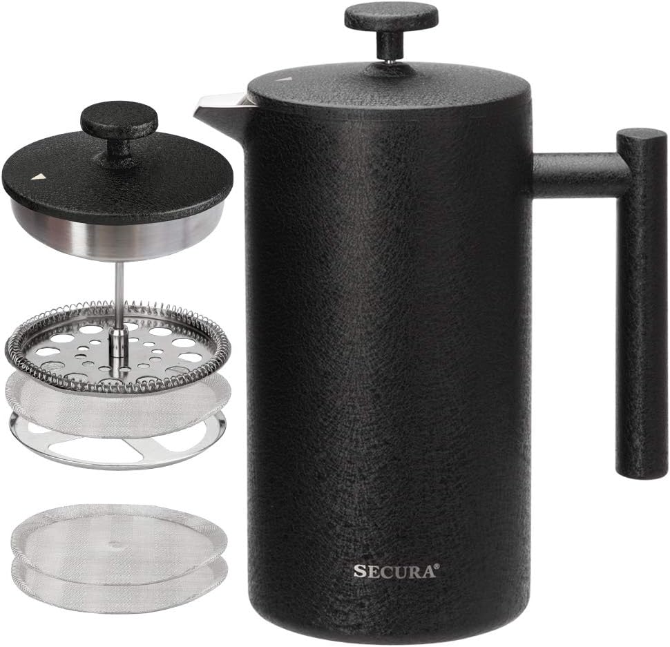 Secura French Press Coffee Maker, 304 Grade Stainless Steel Insulated Coffee Press with 2 Extra Screens, 12oz (0.35 Litre), Silver (SFP-12DS)