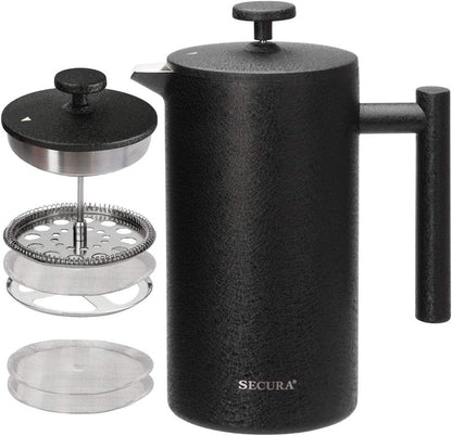 Secura French Press Coffee Maker, 304 Grade Stainless Steel Insulated Coffee Press with 2 Extra Screens, 12oz (0.35 Litre), Silver (SFP-12DS)