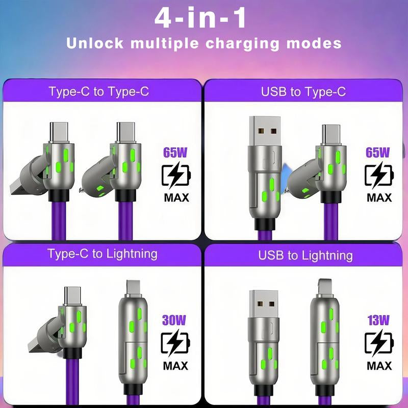 Buy 1 Get 1 Free 6.6FT 4-In-1 USB-C Cable PD Fast Charging Data Sync USB-A Type-C Lightning Aluminum Compatible Durable Reliable
