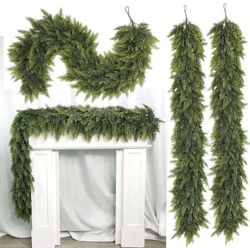 6 FT 2 Pcs Artificial Cedar Garlands (Full & Lush) with DIY Kit – Real Touch Winter Cedar Greenery, Premium Artificial Pine Garland for Table, Mantel, Wall, Indoor & Outdoor Christmas Decorations ,Ornaments Doorway (2, 6 FT)
