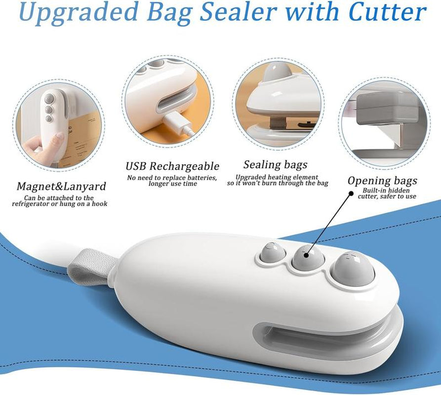 Mini Handheld Bag Sealer, 2-In-1 Hot USB Rechargeable Snack Bag Sealer with Magnetic Hidden Blade Attached, Kitchen Outdoor Essentials, Prevent Food Spoilage
