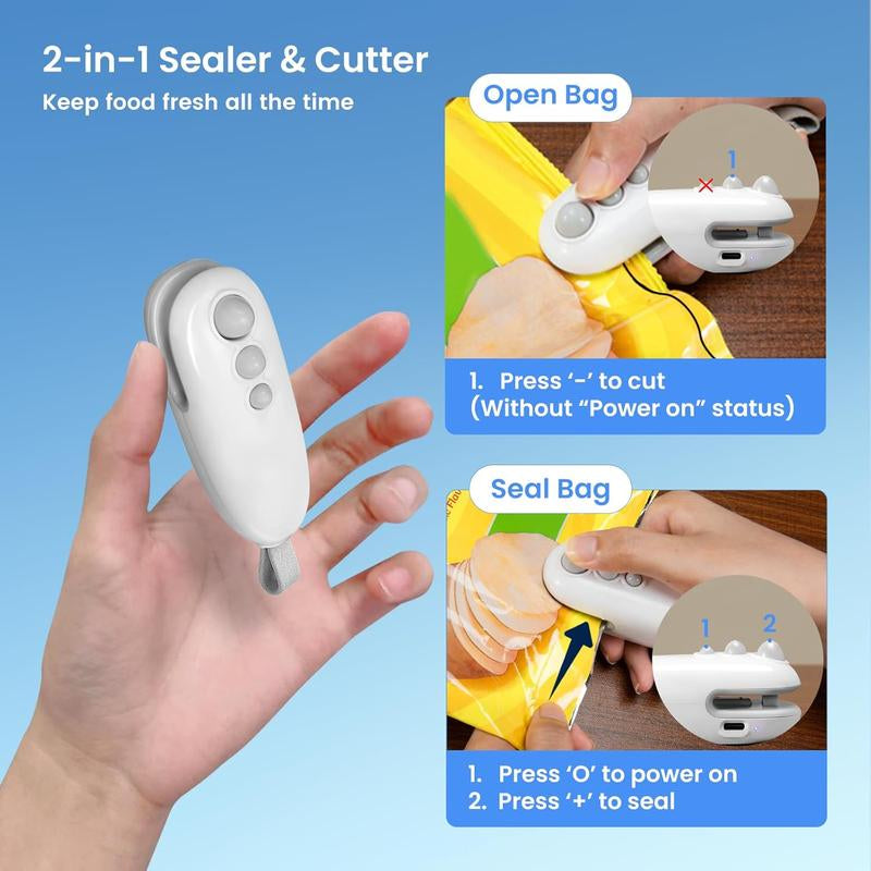 Mini Handheld Bag Sealer, 2-In-1 Hot USB Rechargeable Snack Bag Sealer with Magnetic Hidden Blade Attached, Kitchen Outdoor Essentials, Prevent Food Spoilage