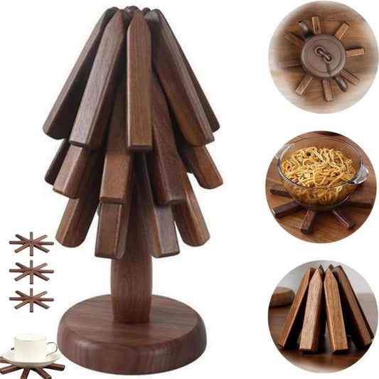 PNOYK Wooden Trivets Set – Black Walnut Christmas Tree Shaped Coasters, Heat-Resistant Foldable Pot Holders & Insulated Pads, Non-Slip Coasters for Kitchen & Dining, Decorative Gift