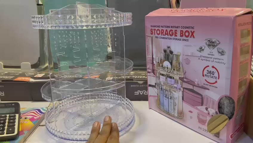 360° Rotating Acrylic Makeup Organizer – Multi-Tier Cosmetic Storage with Diamond-Cut Design